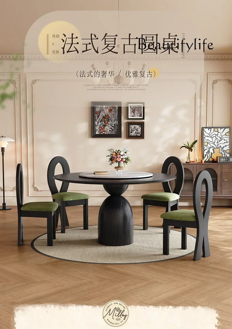 N Black retro ash wood grain solid wood round dining table and chairs French antique round table with turntable