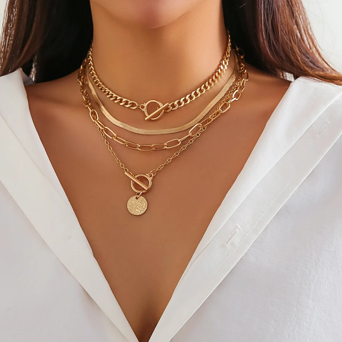 Retro Cross Flat Snake Chain Collar Necklace Women 2023 Multi layered Gold Color Metal Round Pendant Girls Fashion Jewelry