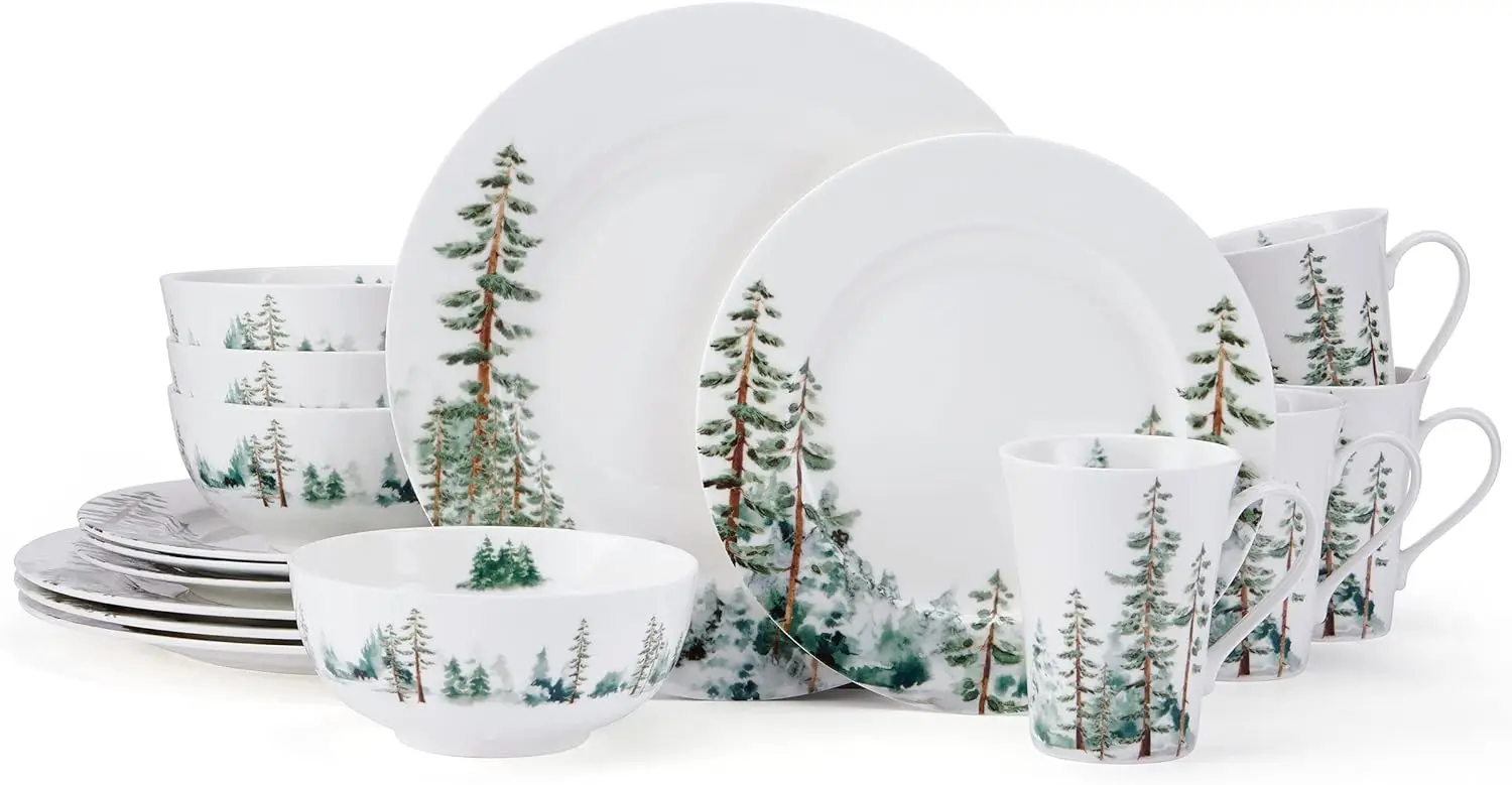 

Watercolor Forest Bone China Lightweight Chip Resistant 16 Piece Dinnerware Set, Service for 4, White