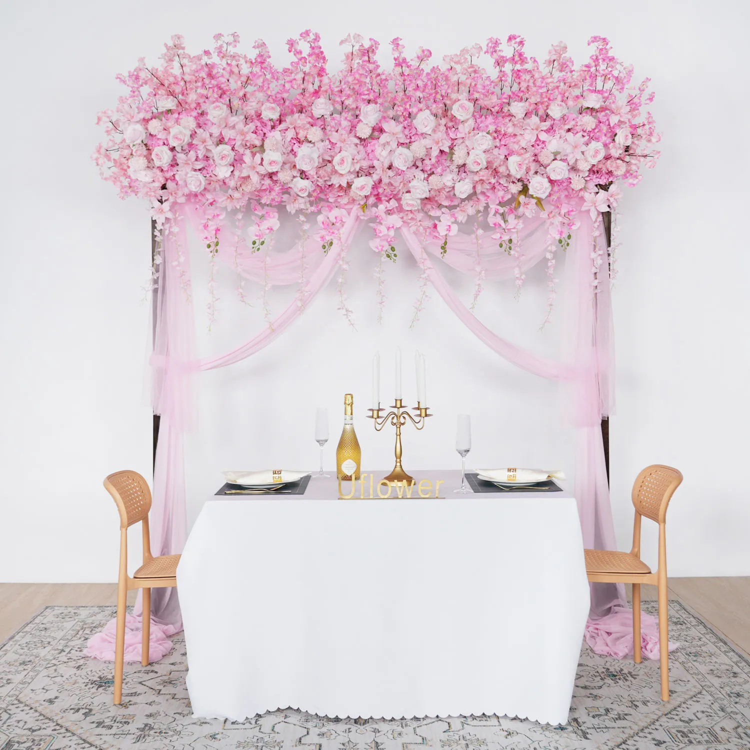 Uflower Luxury Pink Rose Cherry Blossom Hang Wisteria Floral Arrangement Wedding Backdrop Decoration Flower Row Event Party Prop