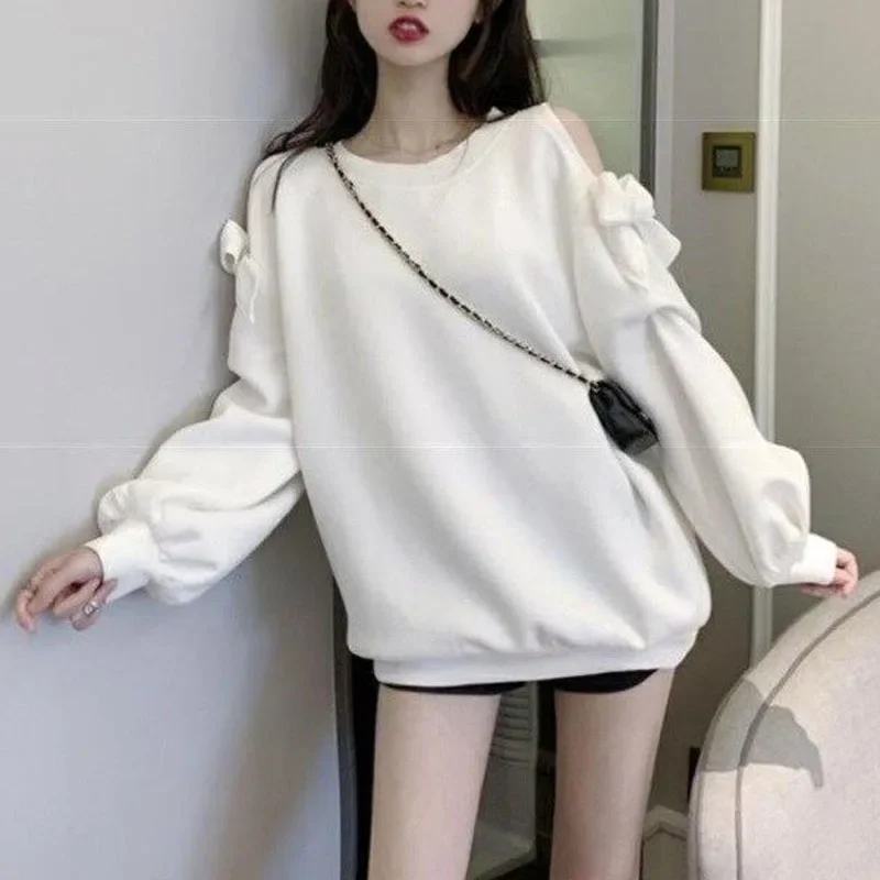 New Spring and Autumn Fashion Trend Butterfly Knot Off Shoulder Thin Round Neck Loose Versatile Western Spicy Girl Long Sweater