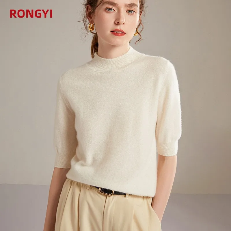 RONGYI  100% Pure Cashmere Short Sleeve T-Shirt Ladies Knitted Pullover Half Sleeve Sweater