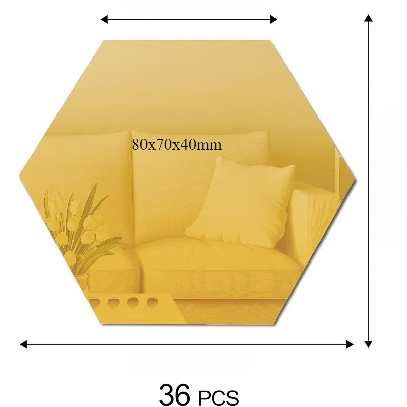36Pcs Acrylic Hexagon Mirror Decals DIY 3D Geometric Mirror Art Setting Wall Decor for Bedroom, Living Room, Office, Kitchen