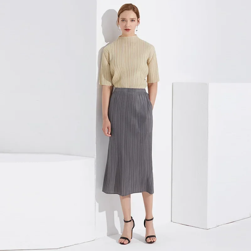 2024 Summer Japanese Women's Clothing Slimming Comfortable pleated skirt Half skirt Miyake Solid color Straight tube Half skirt