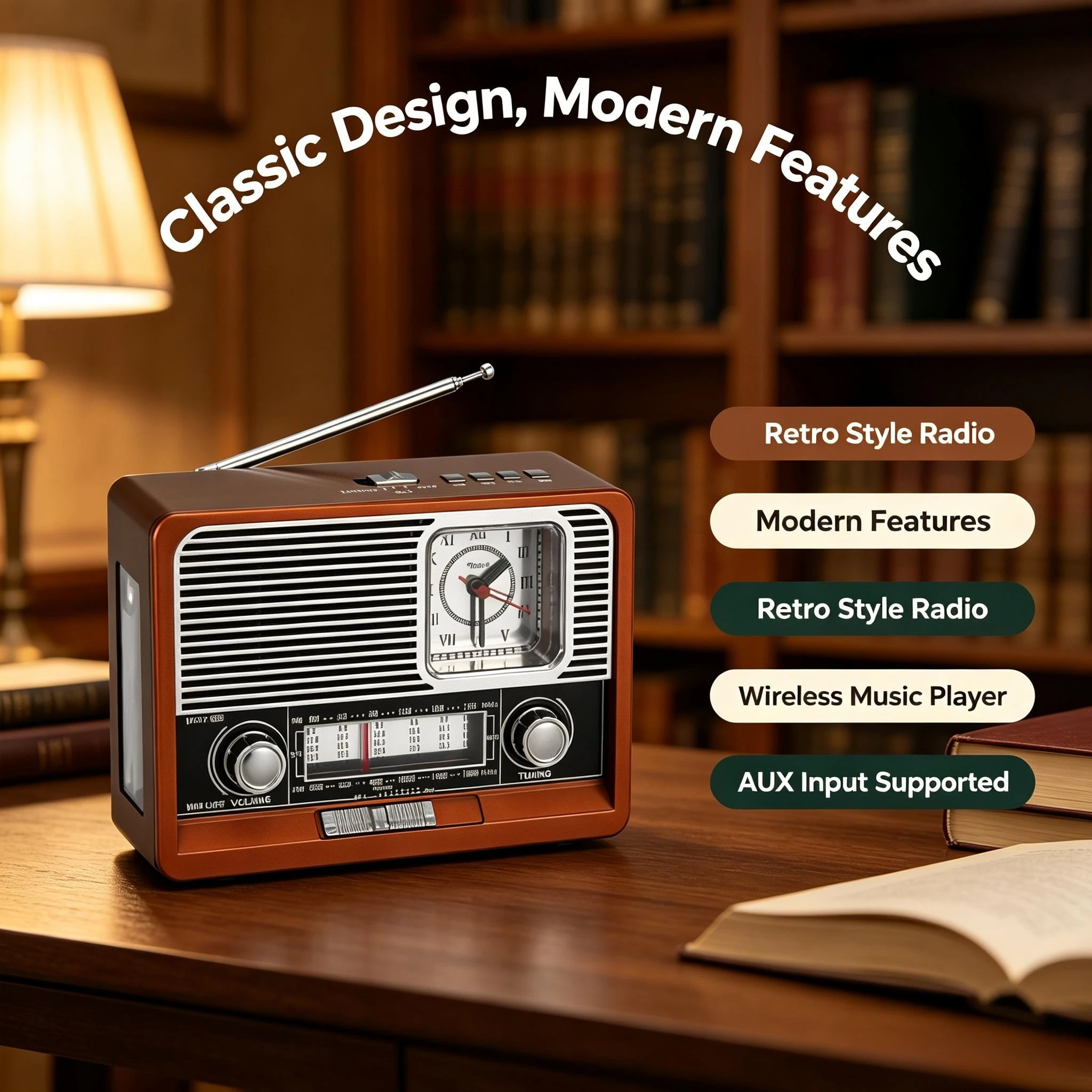 Radio portatile retrò con Bluetooth, ricaricabile, AM FM SW, con orologio, torcia, supporto MicroSD e lettore audio USB, per uso domestico e all'aperto