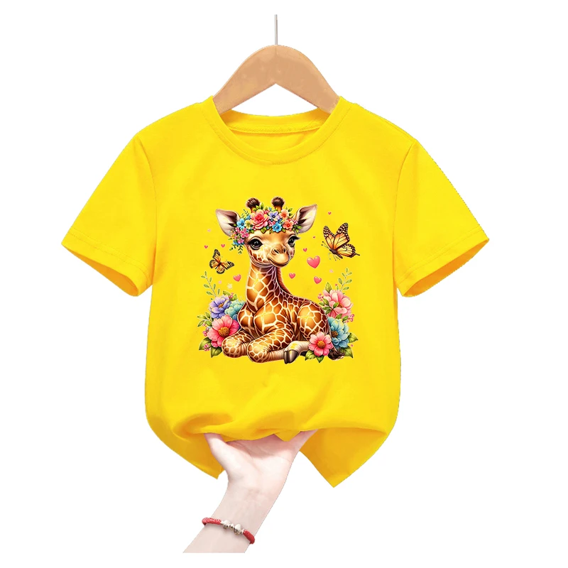 Giraffes/Elephants/Sloths/Dinosaurs/Elephants/Turtles Print Yellow T Shirt For Girls Kawaii Children'S Clothing Summer T-Shirt