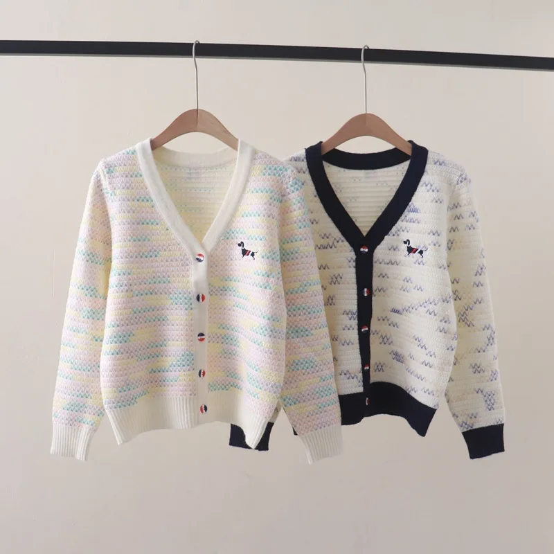 Autumn and Winter New Cute Youth-Looking Colorful Wave Striped Puppy EmbroideryVCollar Long Sleeve Knitted Cardigan Sweater Coat