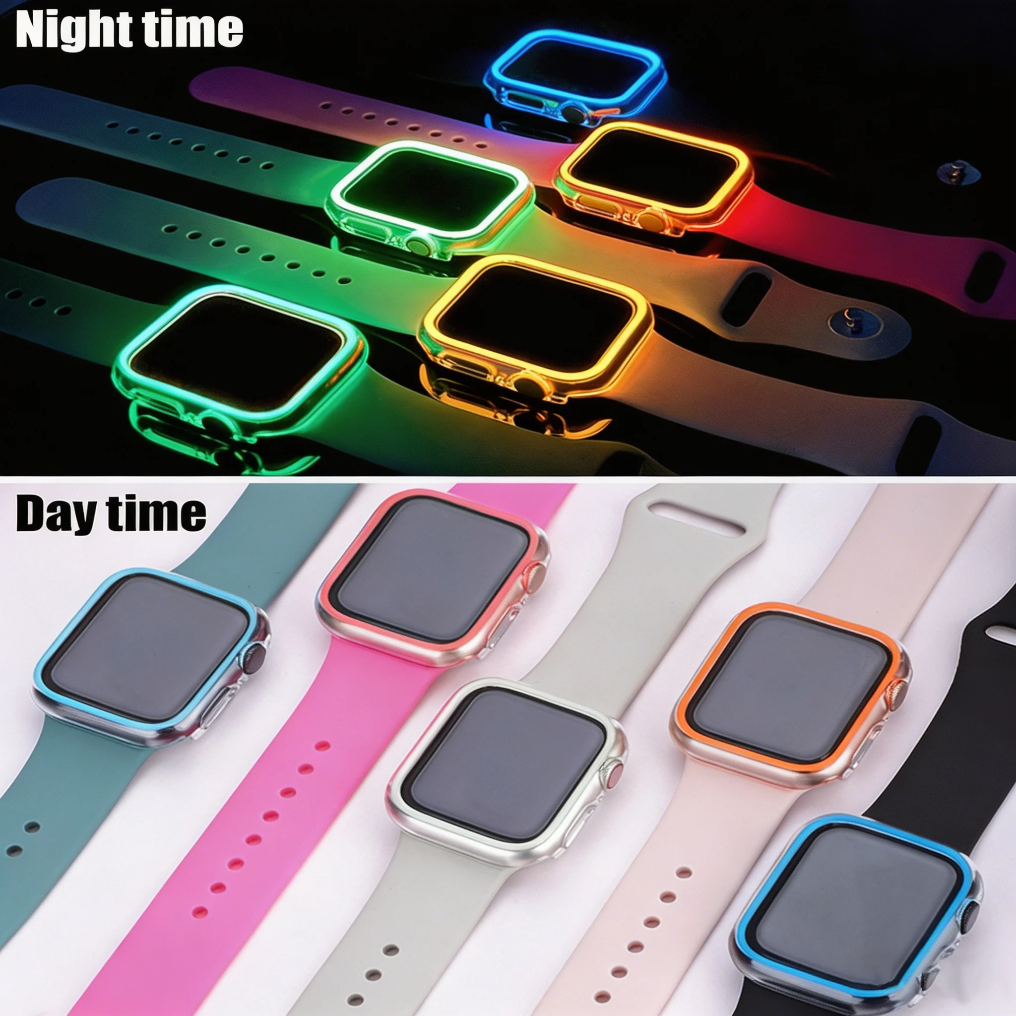 Watch Band+Case for Apple Watch 40/41/44/45/42/46mm, Sporty Silicone Strap+Cool Luminous Case Set, for iWatch Series11 10 987 65