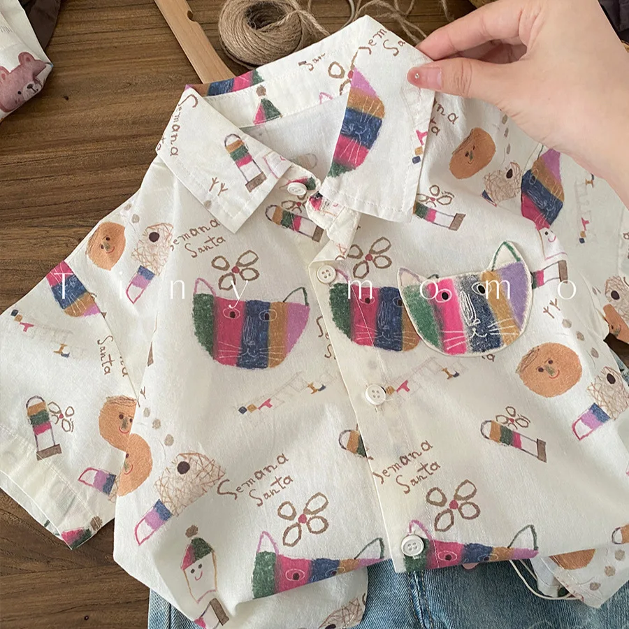 

MILANCEL New Summer Kids Shirts 2-5T Cartoon Graffiti Girls Blouse Full Print Cat Letter Children Clothes Ventilate Boys Tops