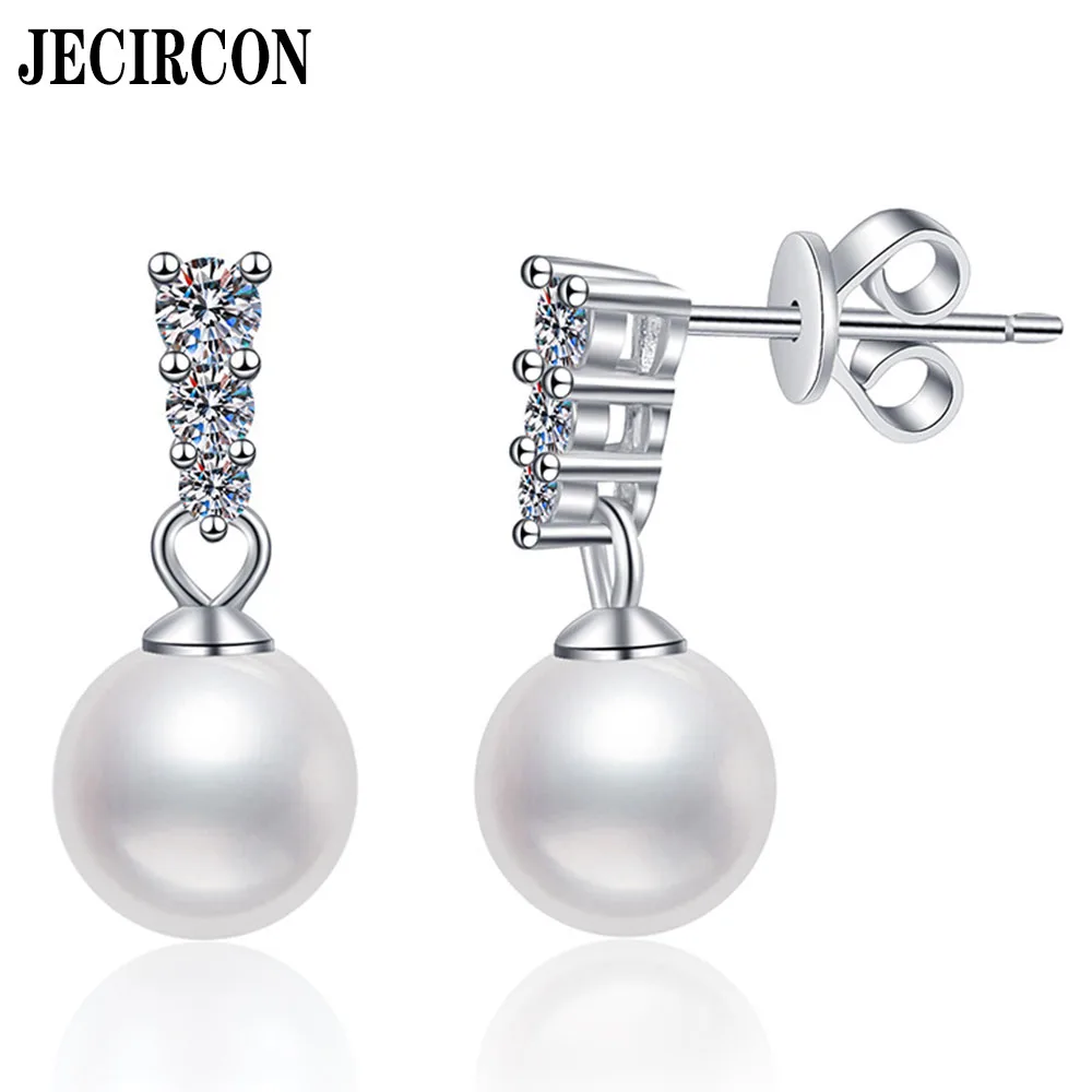 JECIRCON Full Moissanite Natural Freshwater Pearl Earrings Classic Princess Aristocratic Style Studs 925 Sterling Silver Jewelry