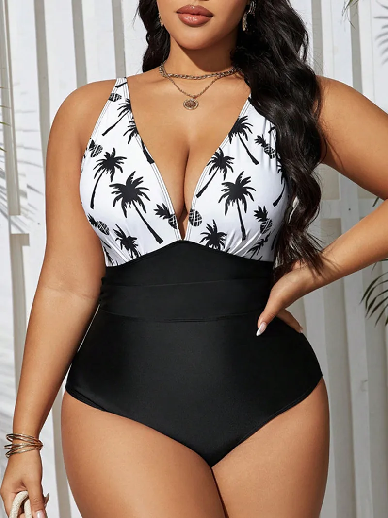 Jednoczęściowy strój kąpielowy damski w dużych rozmiarach 2025 z nadrukiem, dekolt w serek, odzież plażowa, modelujący sylwetkę, monokini