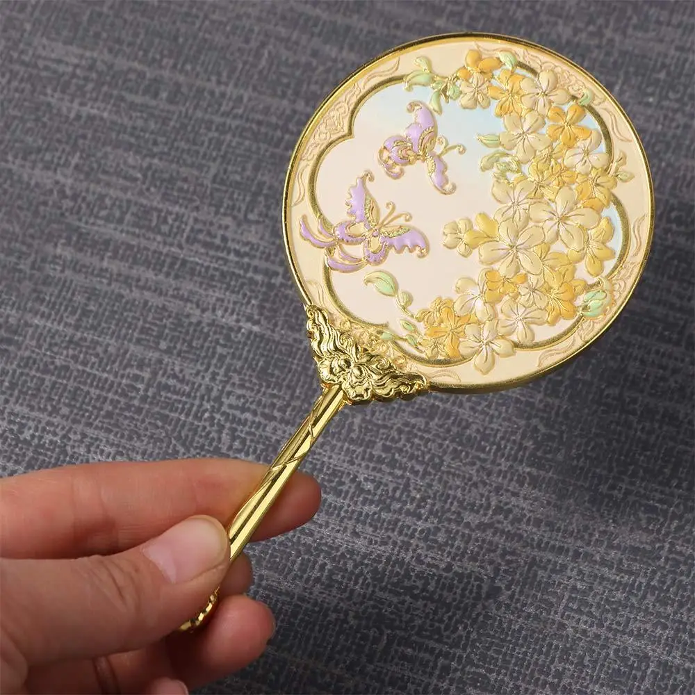 Requintado portátil estilo chinês espelho de mão borboleta flor padrão espelho cosmético redondo metal maquiagem espelho