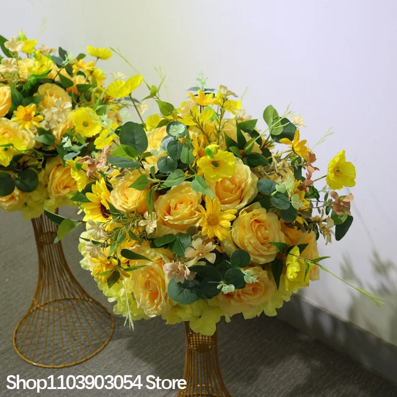 Gelbe Rose Sonnenblume Grünpflanzen Künstliche Tischdekorationen Blumenball Rasen Hochzeitsempfang Dekoration Event Bankett Party Requisiten – Detail 8