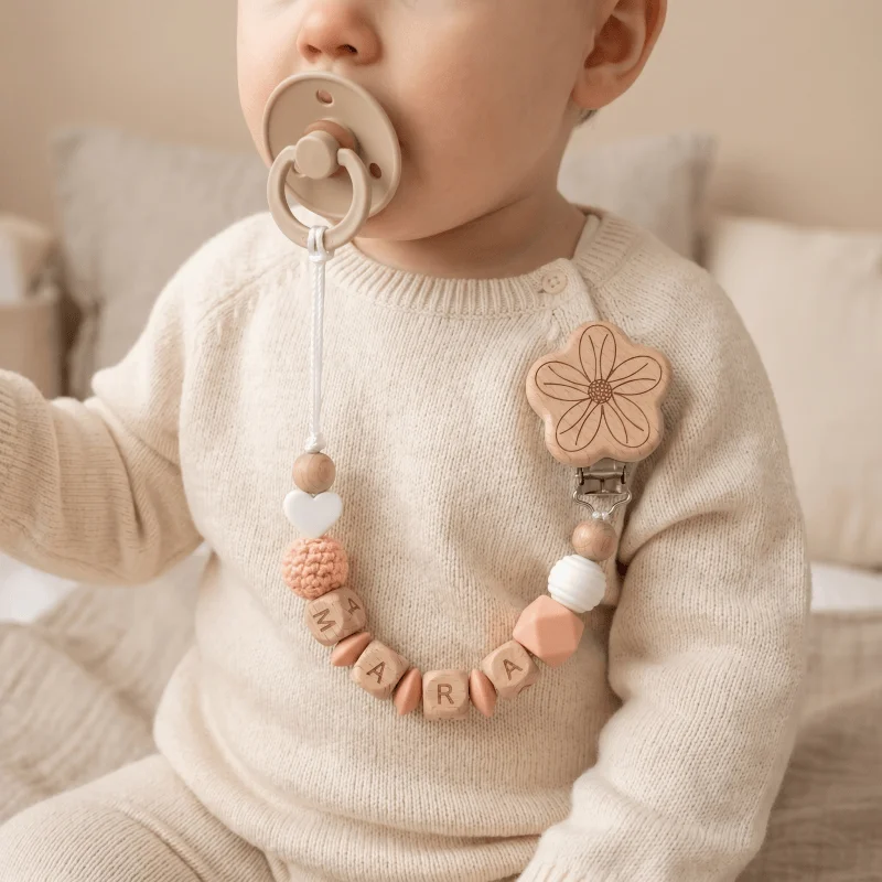 2026 Personalized Baby Pacifier Clip Custom Name Wooden Dummy Chain Silicone Teether Holder BPA Free Baby Shower Gift view 4
