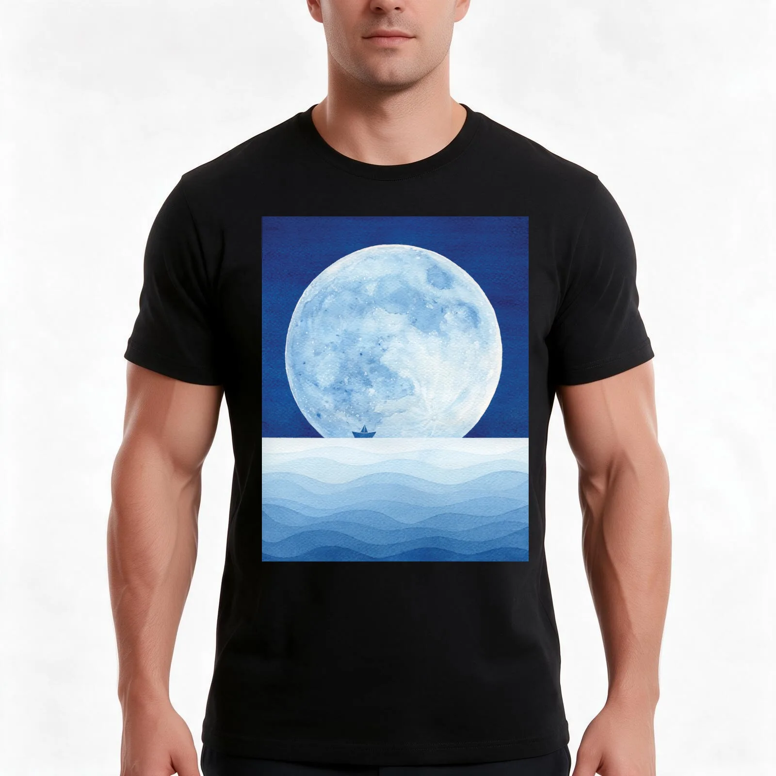 Full moon & paper boat T-Shirt, Summer Casual Cotton Tee, Oversized Streetwear Tops, Vintage Graphic Print, Unisex Men Women