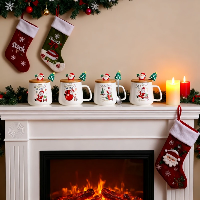 اختيار عيد الميلاد! كوب سيراميك سانتا كارتوني على الطراز الشمالي، صندوق هدايا مع غطاء وملعقة، كوب ذو سعة كبيرة، هدية مثيرة للاعجاب!