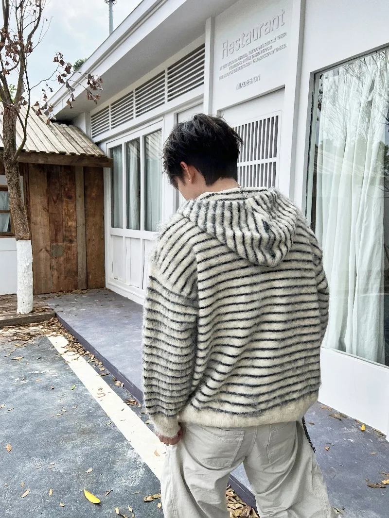 الأمريكية الرجعية مخطط الموضة العصرية الرجال مقنعين سترة سترة الشباب شعبية فضفاضة عادية محبوك سترة #3