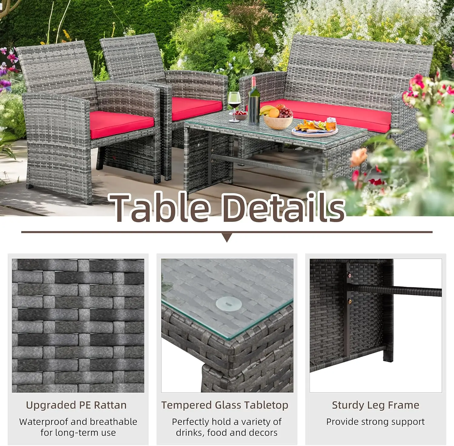 Patio Furniture Set, Outdoor Wicker Patio Conversation Furniture Set with Cushions and Tempered Glass Tabletop for Lawn