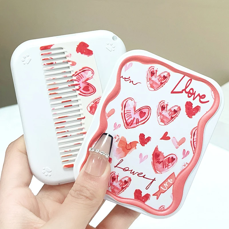 Small Mirror Comb Portable Pocket Mirror Love Flip-Top Folding Rectangle Makeup Mirror For Girl Gift Makeup Tool Vanity Miror