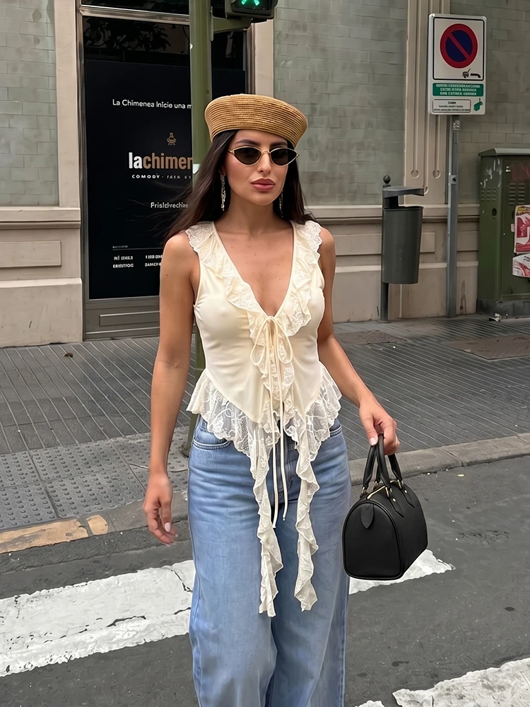 

HH Vintage Fairy Women Sleeveless Lace Ruffle Vest Summer Front Tie Up Chiffon Crop Top Elegant Chic Casual Vacation Dating Tank
