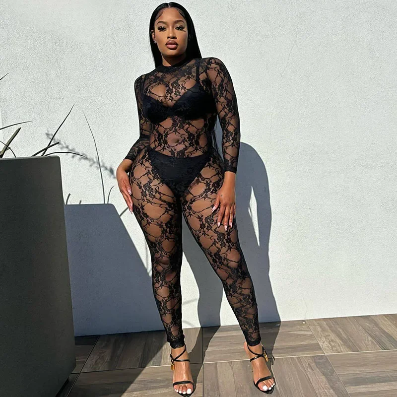 

Sexy See-through Floral Lace Jumpsuit Women Long Sleeve Night Club Outfits One Piece Skinny Black Romper Combinaison Femme Sexys