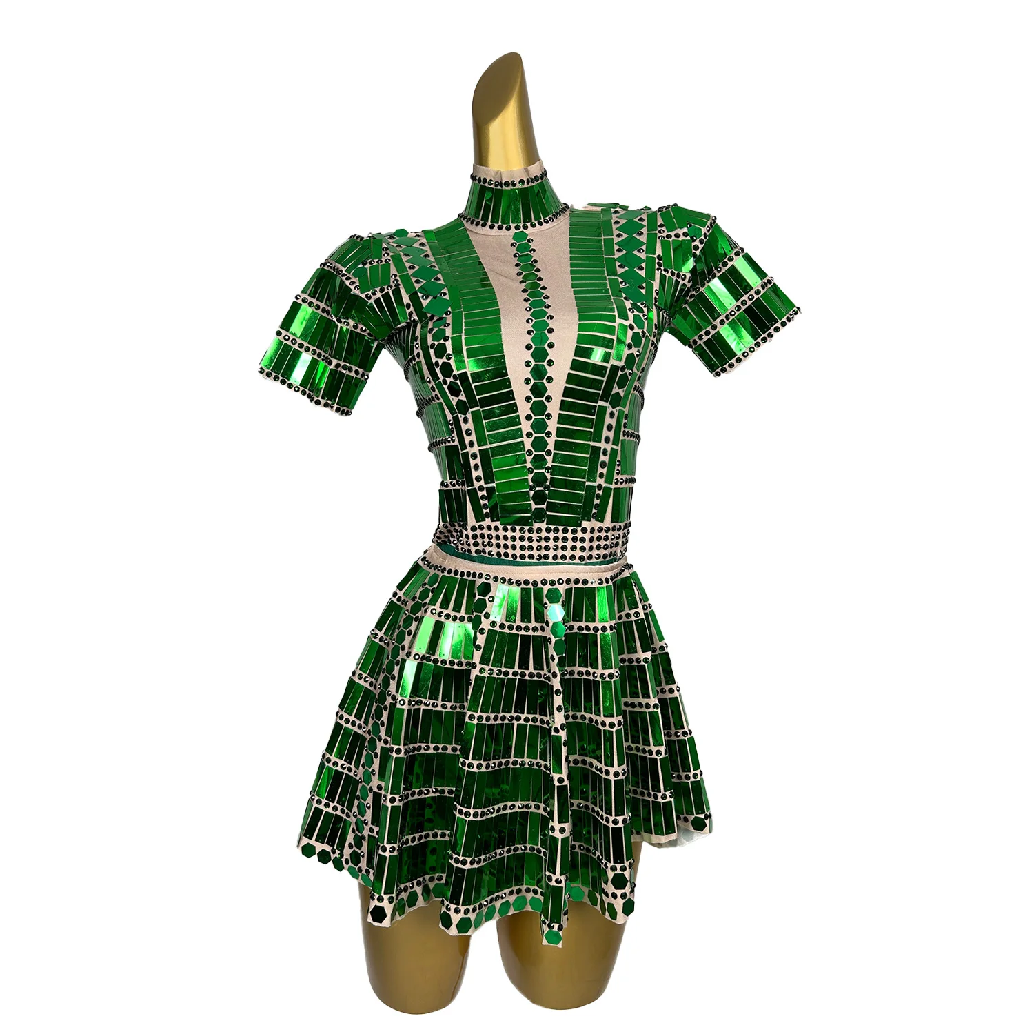 Shining Green Sequins Short Mirrors Dress Lady Bar Nightclub DJ Singer DS Stage 2-piece Performance Outfit Set Lianghuanghuang