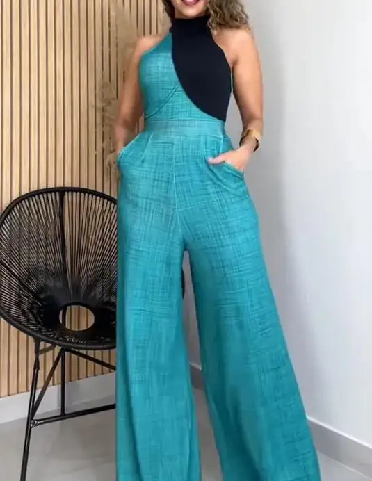 Jumpsuit Women 2026 New Colorblock Mock Neck Sleeveless Cinched Waist Zipper Back Overalls Casual High Waist Wide Leg Jumpsuit