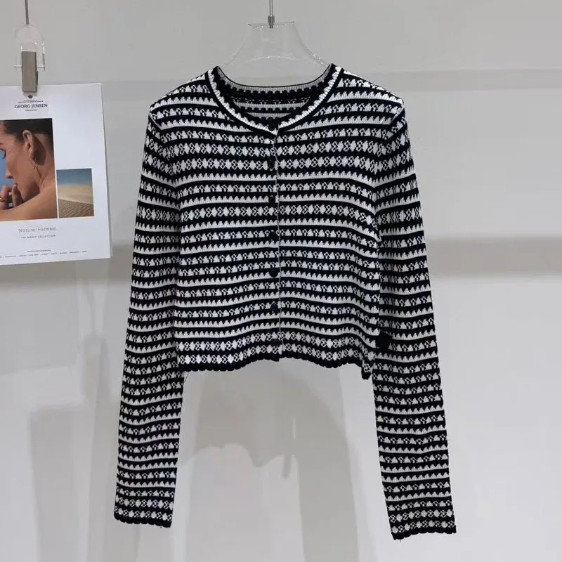

Slim Fit Long Sve Knitted Cardigan Sweater Women's Bla White Stripes Autumn New Arrival Commute Sle round Ne ort L...