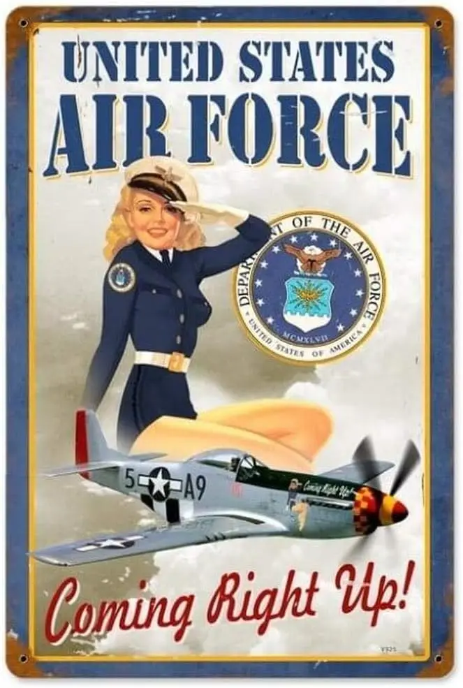 US Air Force Girl Pin-Up Girl Tin Sign with Rustic Retroative Sings for Cafe Home 8 x 12 Inches Metal Signs for Laundry Room Gym