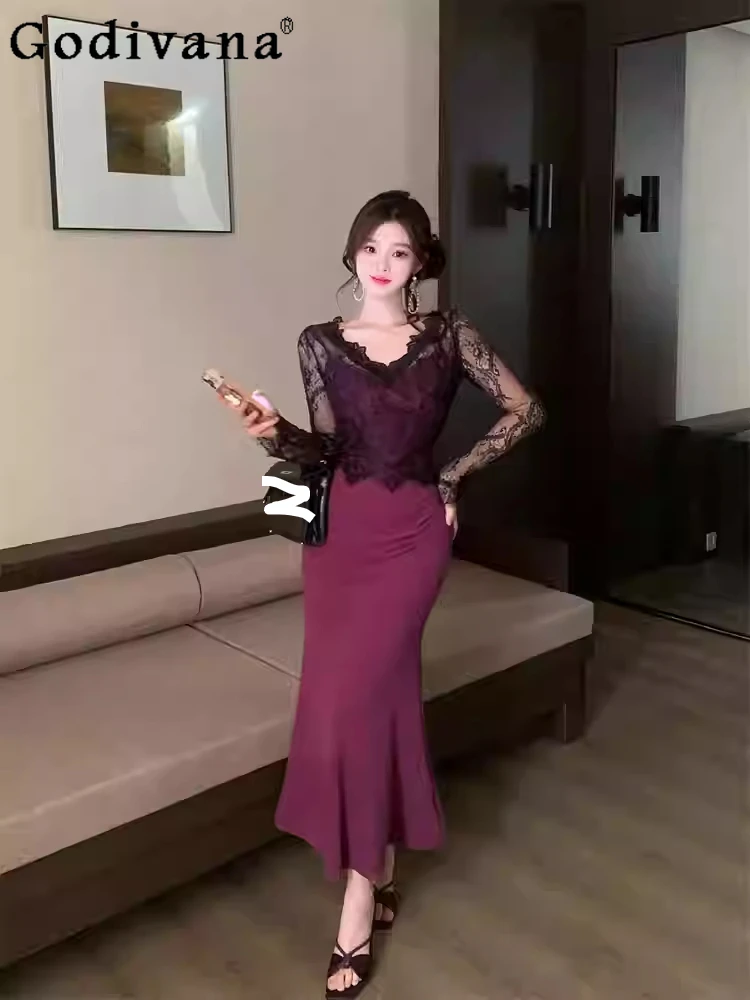 

Spring Autumn New Women Large Size French Fake Two-piece Lace Sexy V-neck Dress Slim High Waist A-line Versatile Korean Dresses