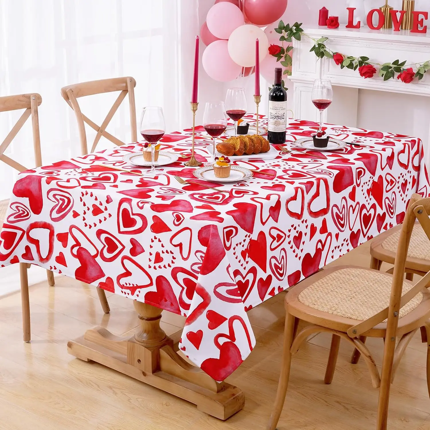 Valentine's Day Red White Love Heart Table Cloth Romantic Heart Tablecloth Polyester Waterproof Spillproof Wedding Party Decor