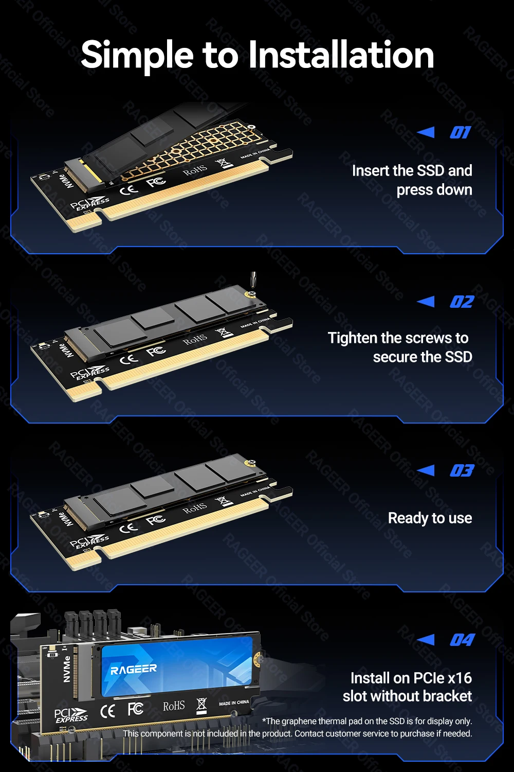 RAGEER M.2 NVMe zu PCIe 4.0 x16 Adapterkarte unterstützt 4 TB SSD und 64 Gbit/s Geschwindigkeit, kompatibel mit 2280/60/42/30 NVMe SSDs – Detail 10