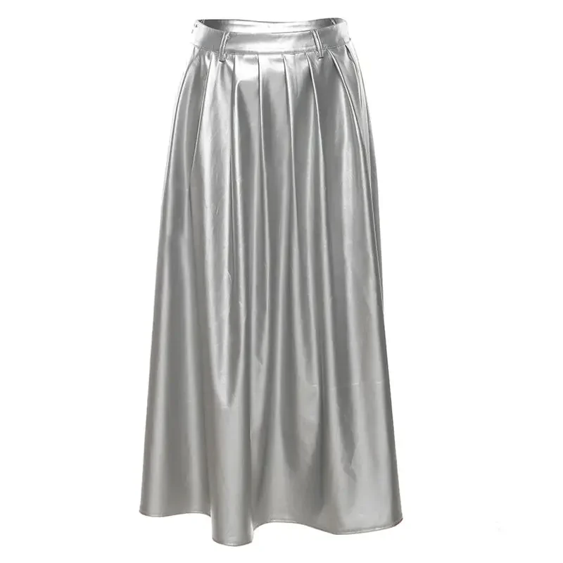 Pu Enkellange Rokken Dames Streetwear Stijlvolle Metallic Felle Kleur Geplooide Losse Hoge Taille A-Lijn Eenvoudige All-Match Retro