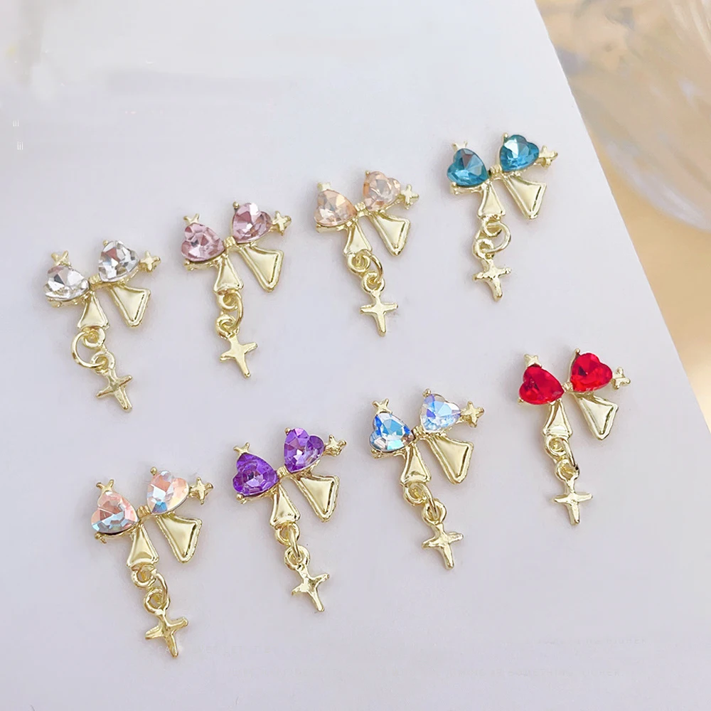 10Pcs Bow Pendant Design Nail Art Charms 3D Zircon Metal Chain Designer Nail Jewelry For Korean DIY Nail Art Accessories