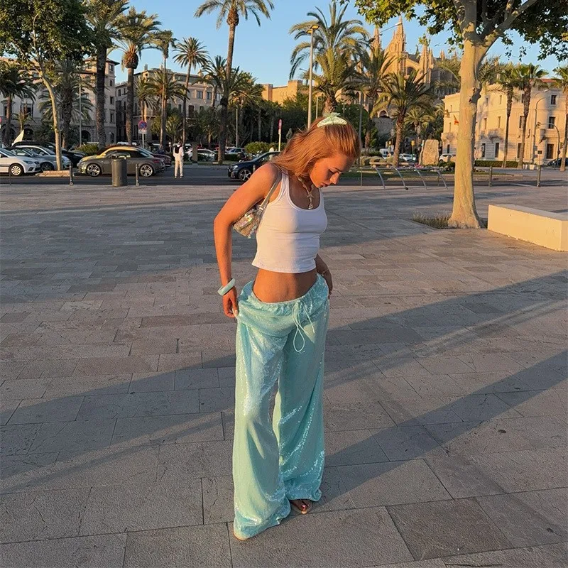 스트리트 스타일 스팽글 레이스업 팬츠 여성용 신축성 있는 로우 웨이스트 와이드 레그 바지 여성 2025 봄 여름 반짝이는 파티 클럽 의류