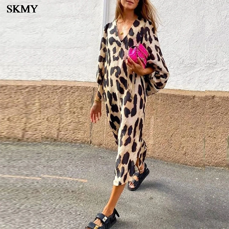 SKMY Women's 2024 Autumn/Winter V-neck Loose Long Dress With Lantern Sleeves And Leopard Pattern Dress