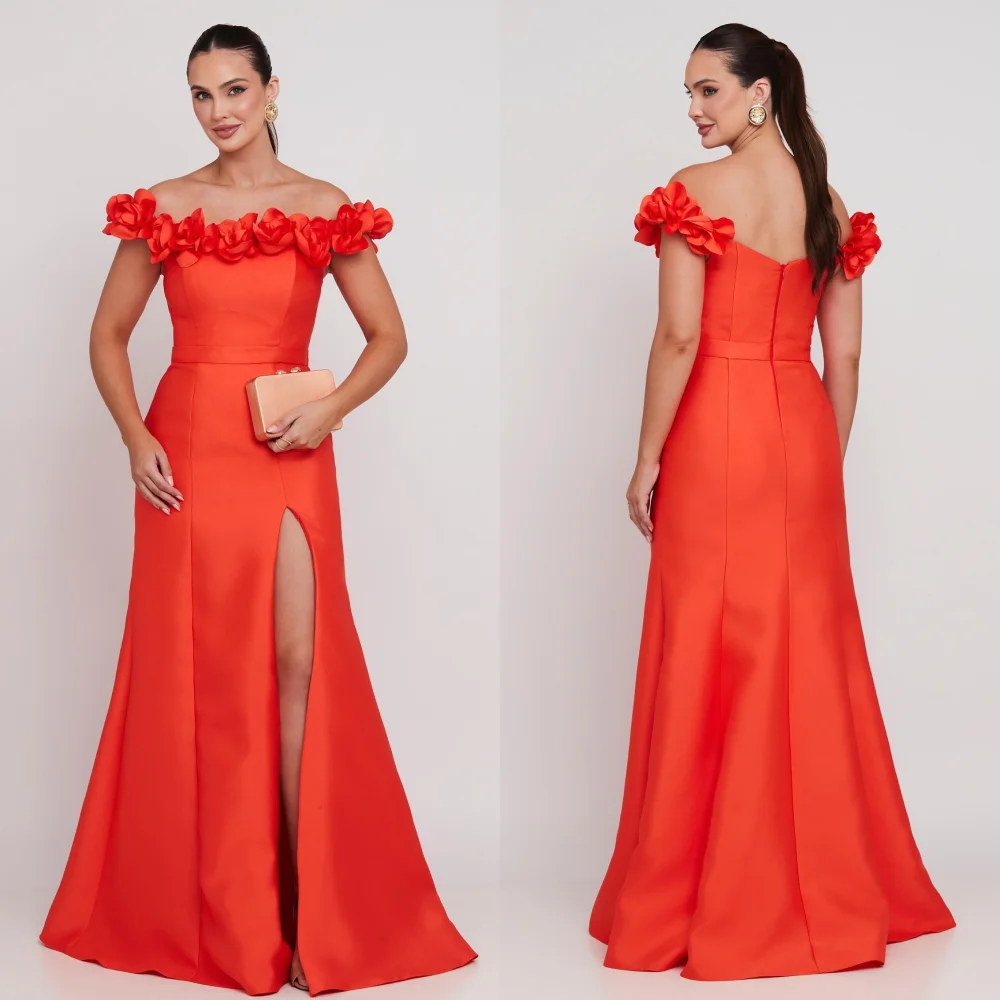

Customized Modern Style Elegant Charmeuse Handmade Flower Ruched Straight Off-the-shoulder Long Dresses Bespoke Occasion Dresses