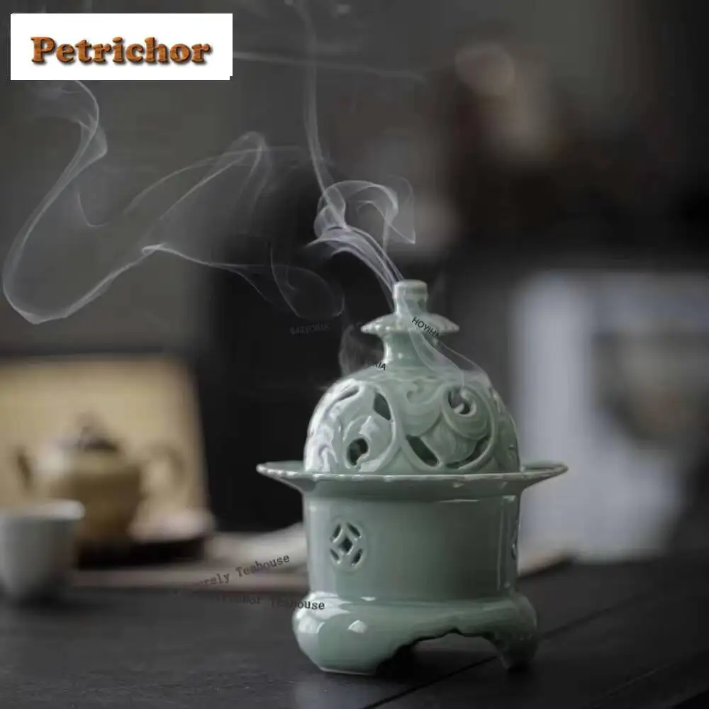 Zen Celadon Lotus Three Legged Plate Incense Holder Aesthetic Water Fountain Decoration Scented Aromatic Candles Tea