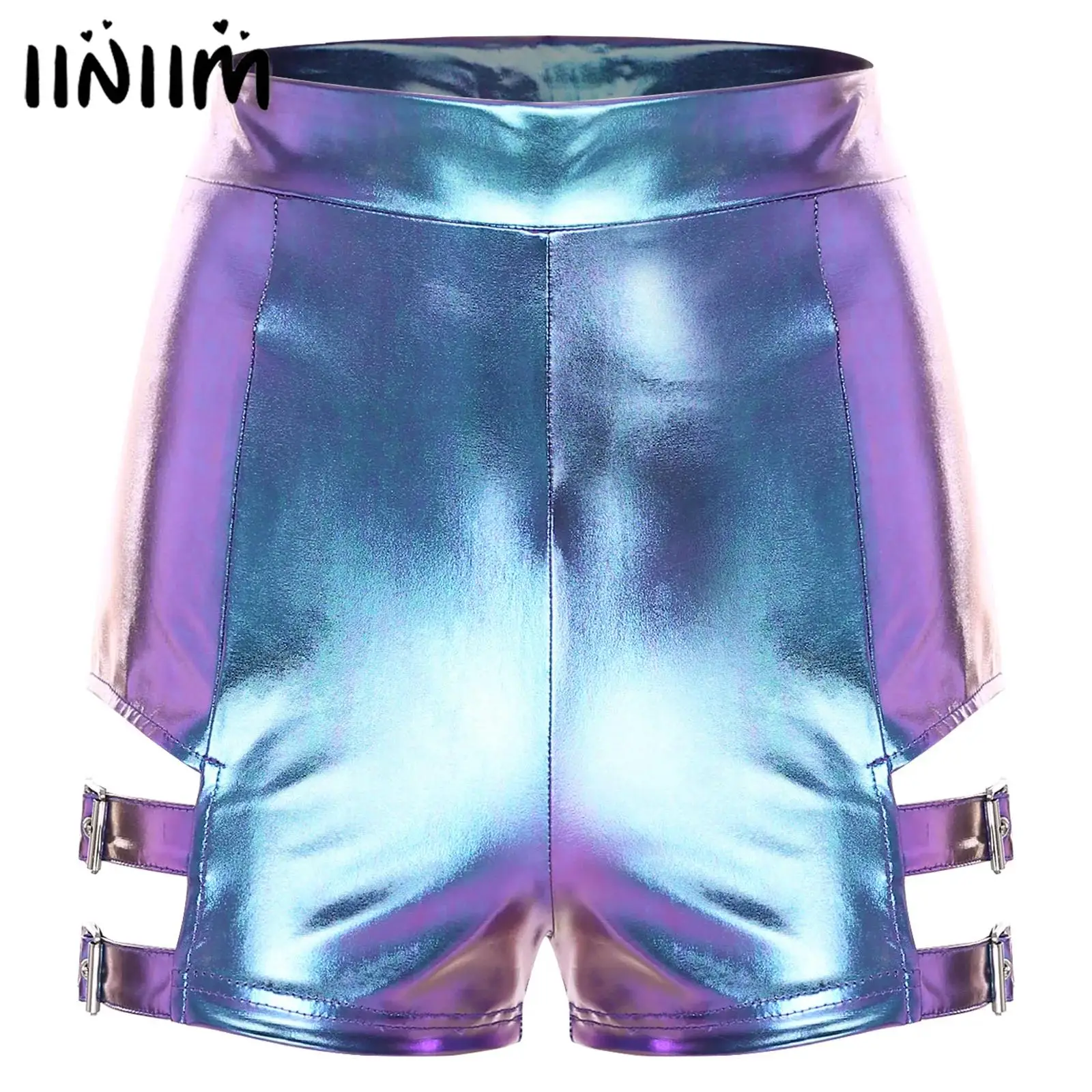 المرأة لامع السراويل عالية الخصر الفخذين انقطاع مع أبازيم معدنية السراويل الساخنة الغنيمة السراويل الجاز الرقص التشجيع زي