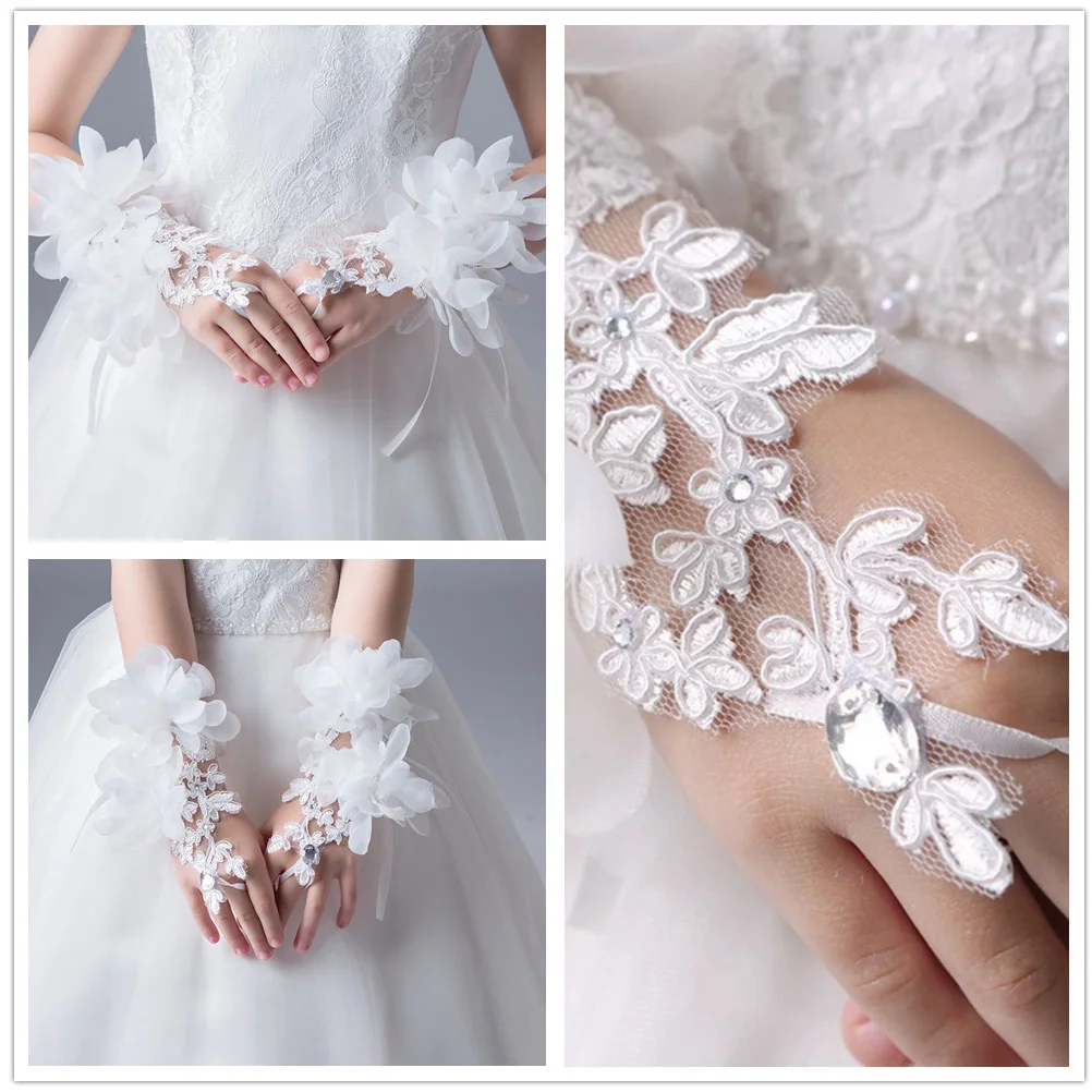 1 زوج الأميرة زهرة قفازات بيضاء قصيرة الدانتيل تقليم الزفاف تأثيري حزب حجم الحرة زهرة المعصم أنيقة