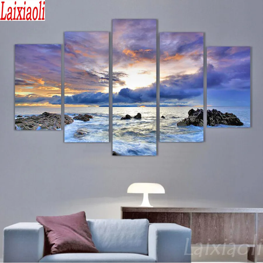 

Large DIY Diamond Painting 5 Pcs Sea cloud Painting 5D Cross Stitch diamond embroidery full circle diamond mosaic Wall sticker