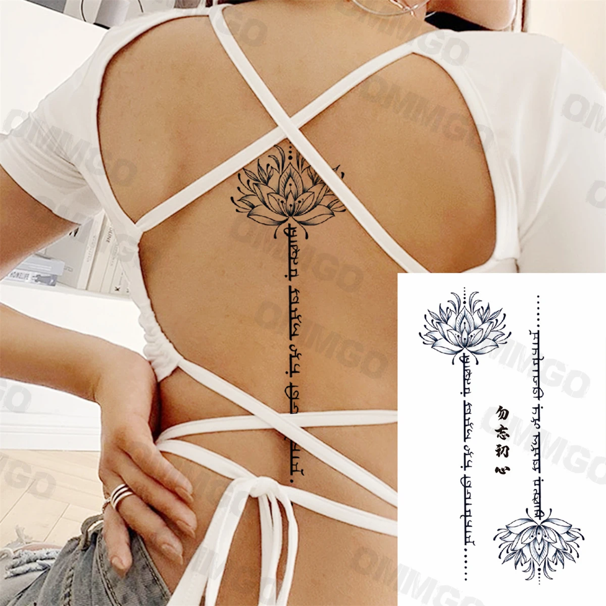 3D Lotus Letters Back Temporary Tattoos For Women Adult Girl Hyacinth Mandala Fake Tattoo Disposable Body Art Decoration Tatoos