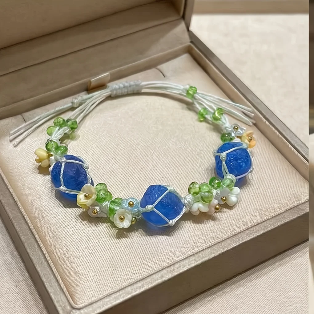 3 Natural Blue Crystal Hand-Woven Bracelet for Women.Sea Salt Fresh Oxygen Style, Blue & White Rope Net Design, Niche Hand-Woven