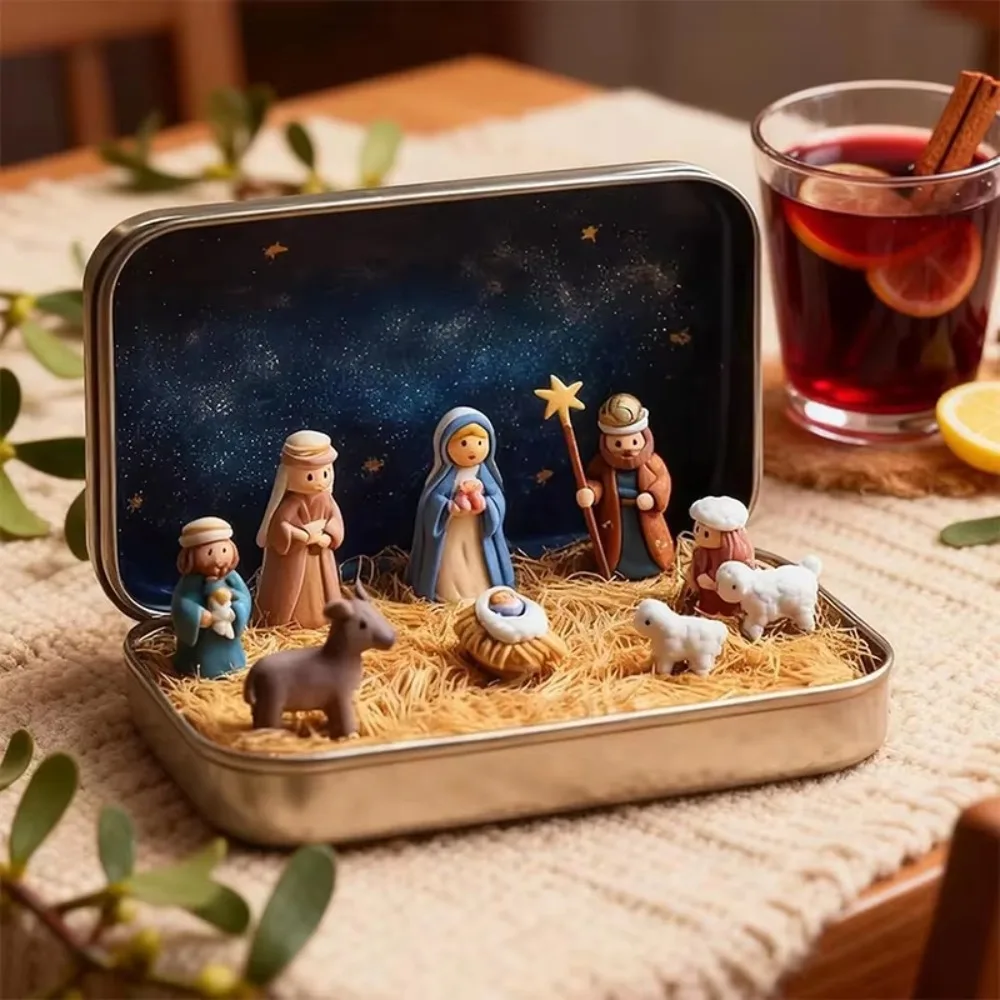 PVC Christmas Nativity Set Mini Size Horse Trough Design Resin Scene Figurine Tin Box Packaging Nativity Figurine Set