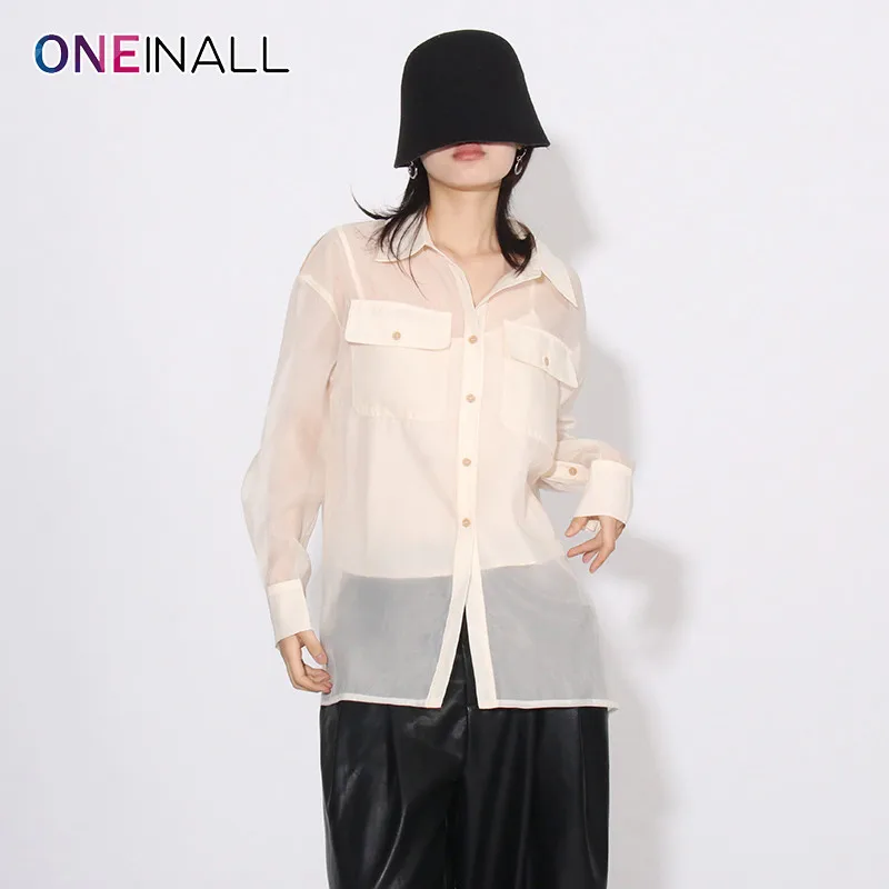 ONEINALL Solid Sheer Shirt For Women Lapel Long Sleeves Single Breasted Patchwork Pocket Loose Temperament Blouses Female New