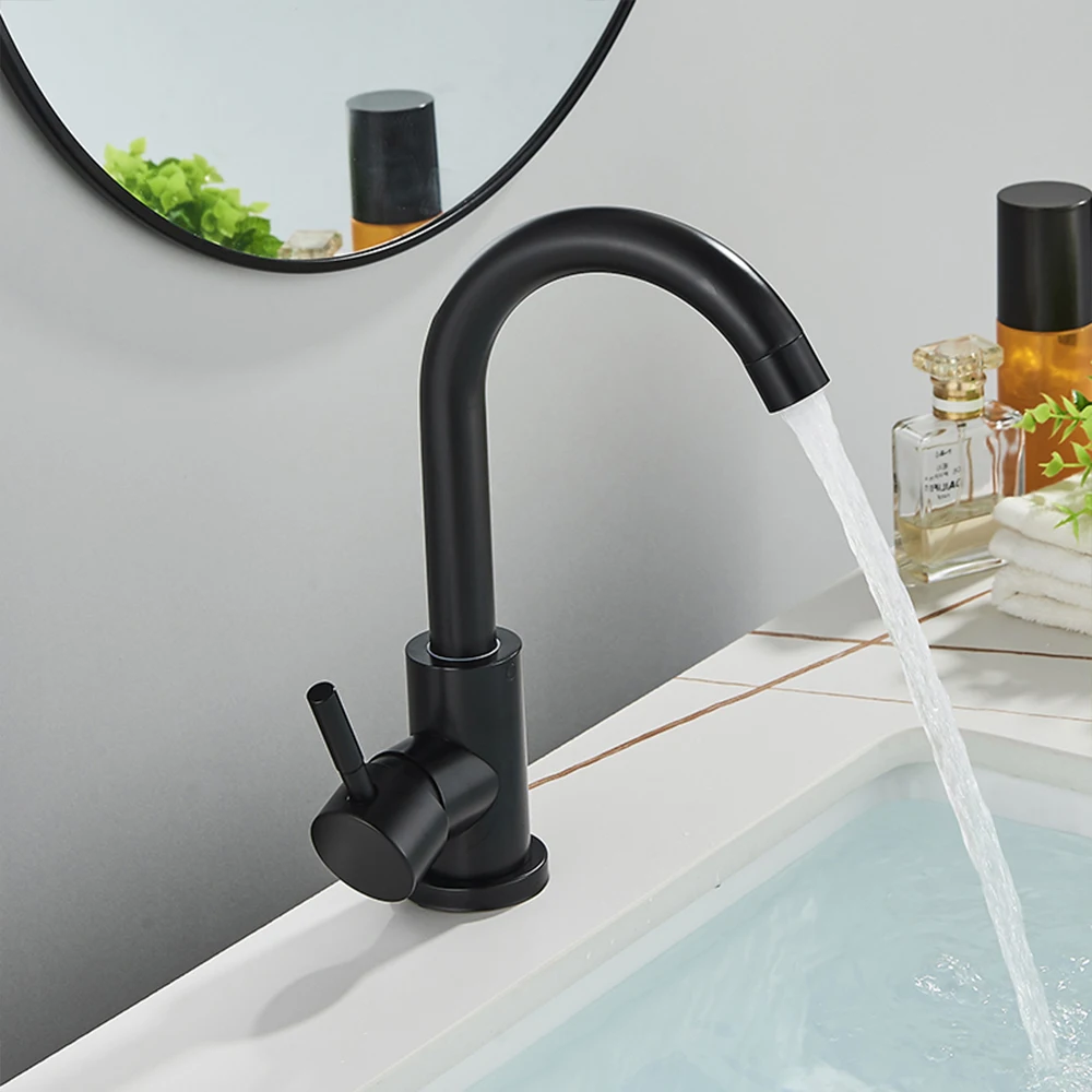 Black Bathroom Basin Faucet 304 Stainless Steel Hot Cold Wash Mixer Crane Tap 360 Rotation Sink Faucets Single Handle Deck Sinks