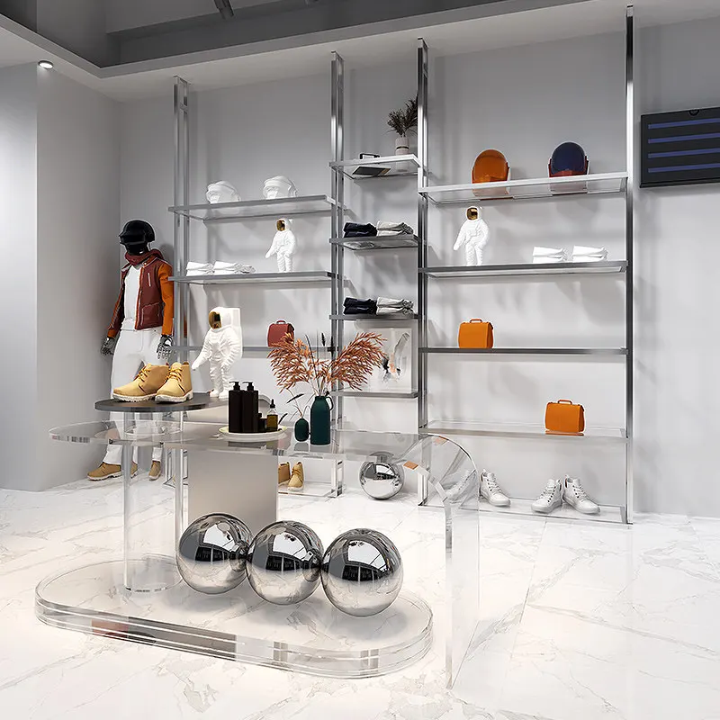 Shoe store shoe rack display rack wall column combination stainless steel silver brushed shoe shelf clothing store bag rack