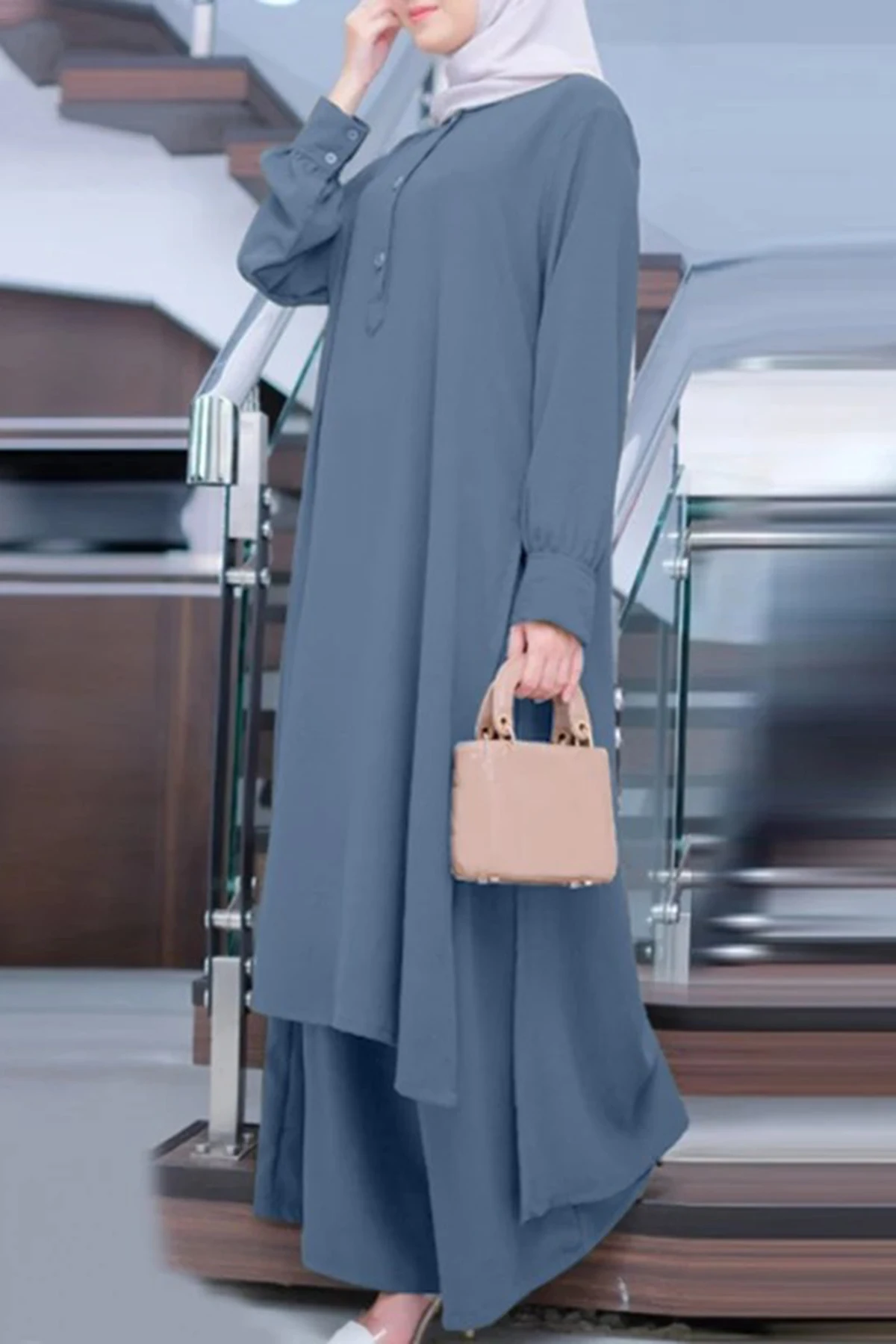 

Muslim Women Casual Loose Long Blouse & Wide Leg Pants 2 Pcs Set