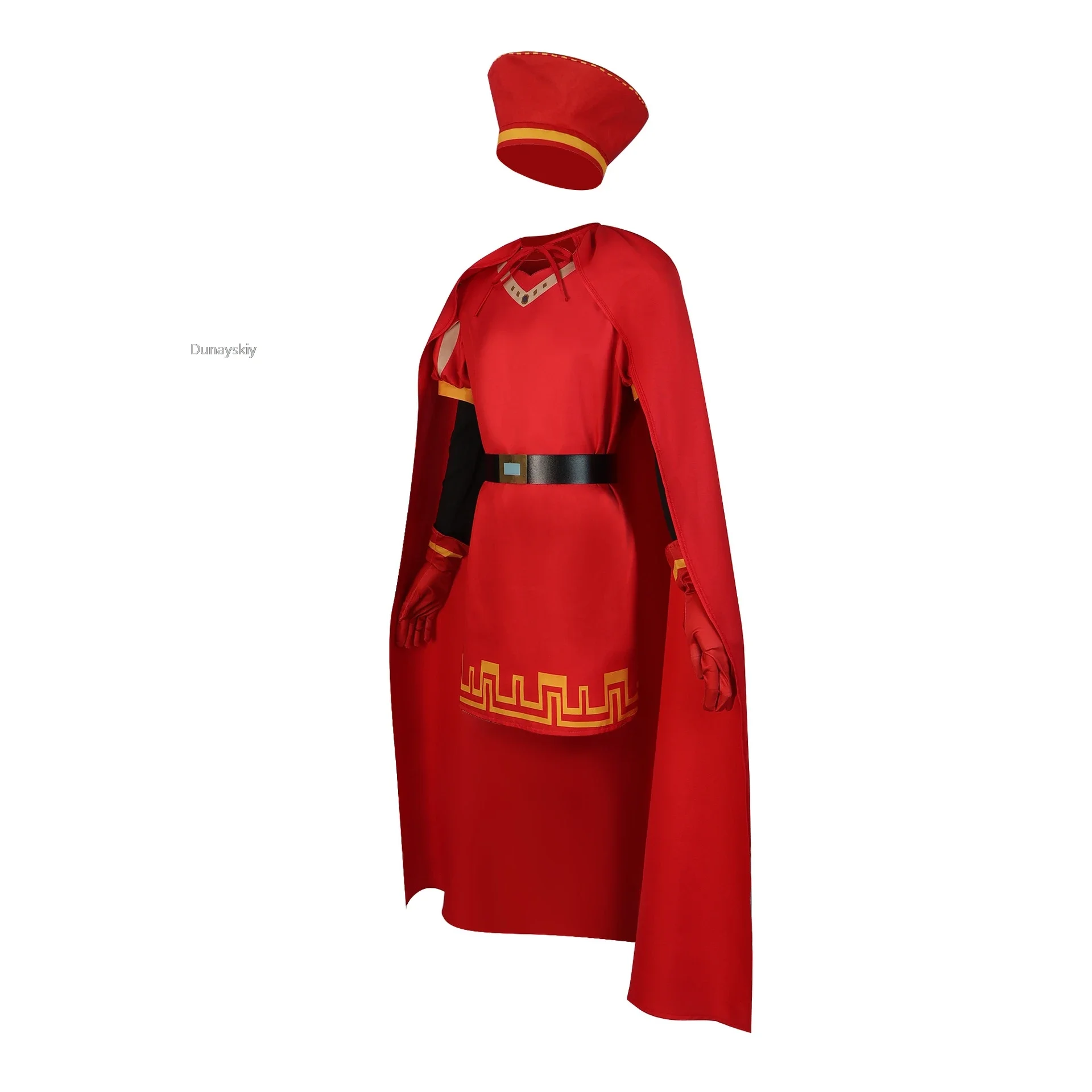 Lord Farquaad Cosplay Anime Kostüm Uniform Umhang Handschuh Hut Set mittelalter liche Cosplay Halloween Party rot Outfit für Kinder Frauen Männer