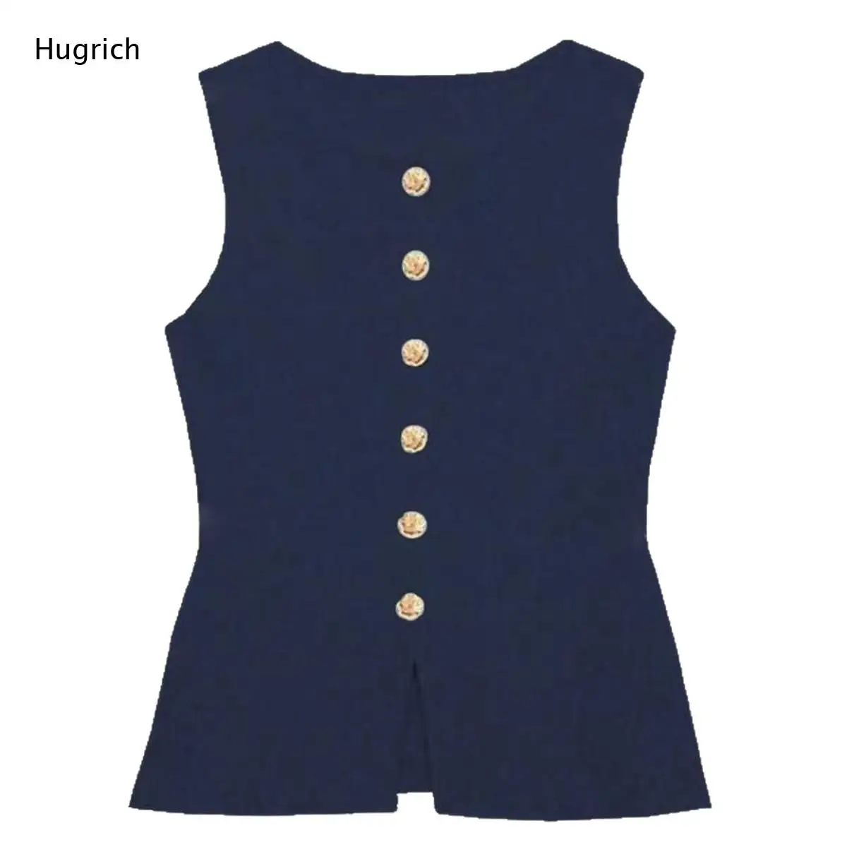 

Vintage Office Sleeveless Waistcoat Round Neck Gold Button Front Split Hem Slim Fit Navy Layering Vest Blouse